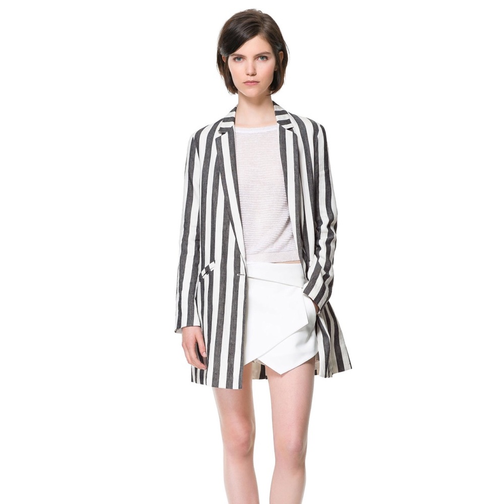 Zara Womens Striped Long Linen Blazer Sz. L